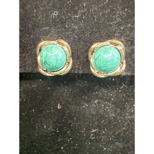 Vintage Monet Gold-Tone Clip-On Earrings W/ Faux Turquoise Stone Floral Design